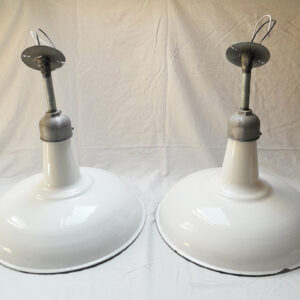 2 Vintage Original Porcelain 18″ Farm Barn Industrial Light Gas Station #14