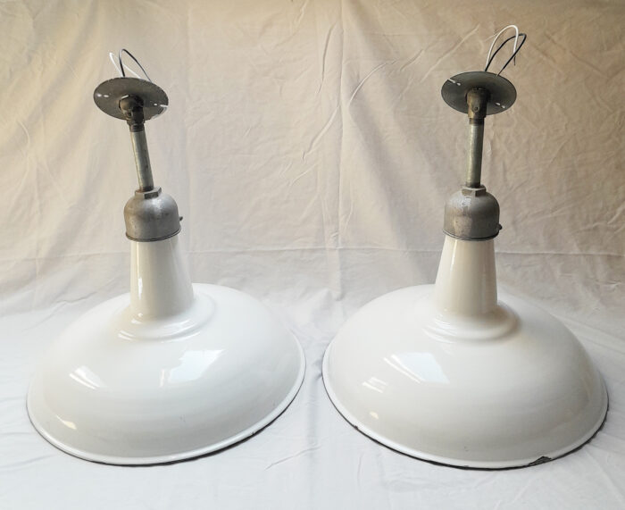 2 Vintage Original Porcelain 18" Farm Barn Industrial Light Gas Station #14 - Image 2