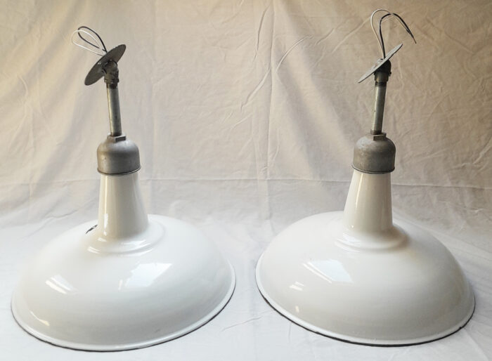 2 Vintage Original Porcelain 18" Farm Barn Industrial Light Gas Station #14