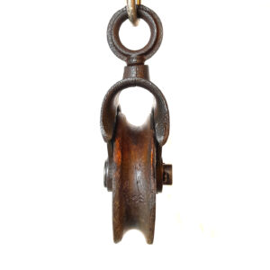 Large Antique Cast Iron Meyers Barn Pulley, Early REZUY – Wood Wheel (065)