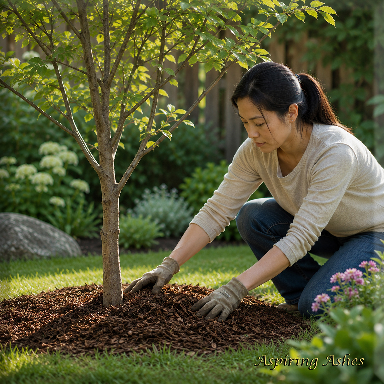 Woman caring for a young tree by applying mulch in a garden. Living memorial example illustrating how trees can become lasting tributes with Aspiring Ashes Soil Cremation Mixture through ongoing care and remembrance.