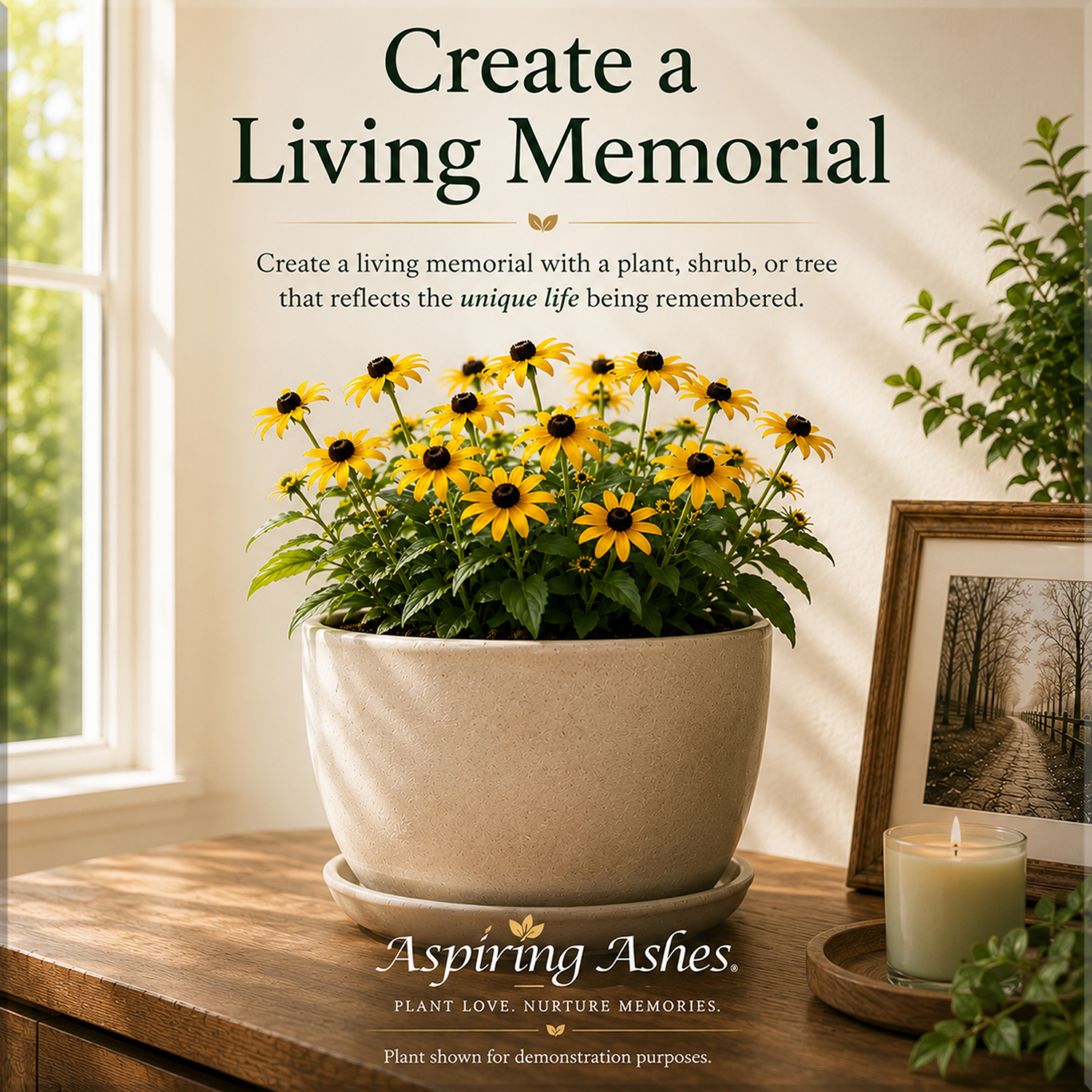 Healthy Black-Eyed Susan flowering plant in a decorative planter near a sunlit window. Living memorial example showing how established plants can be used with Aspiring Ashes Soil Cremation Mixture to create a lasting tribute for human or pet memorials.