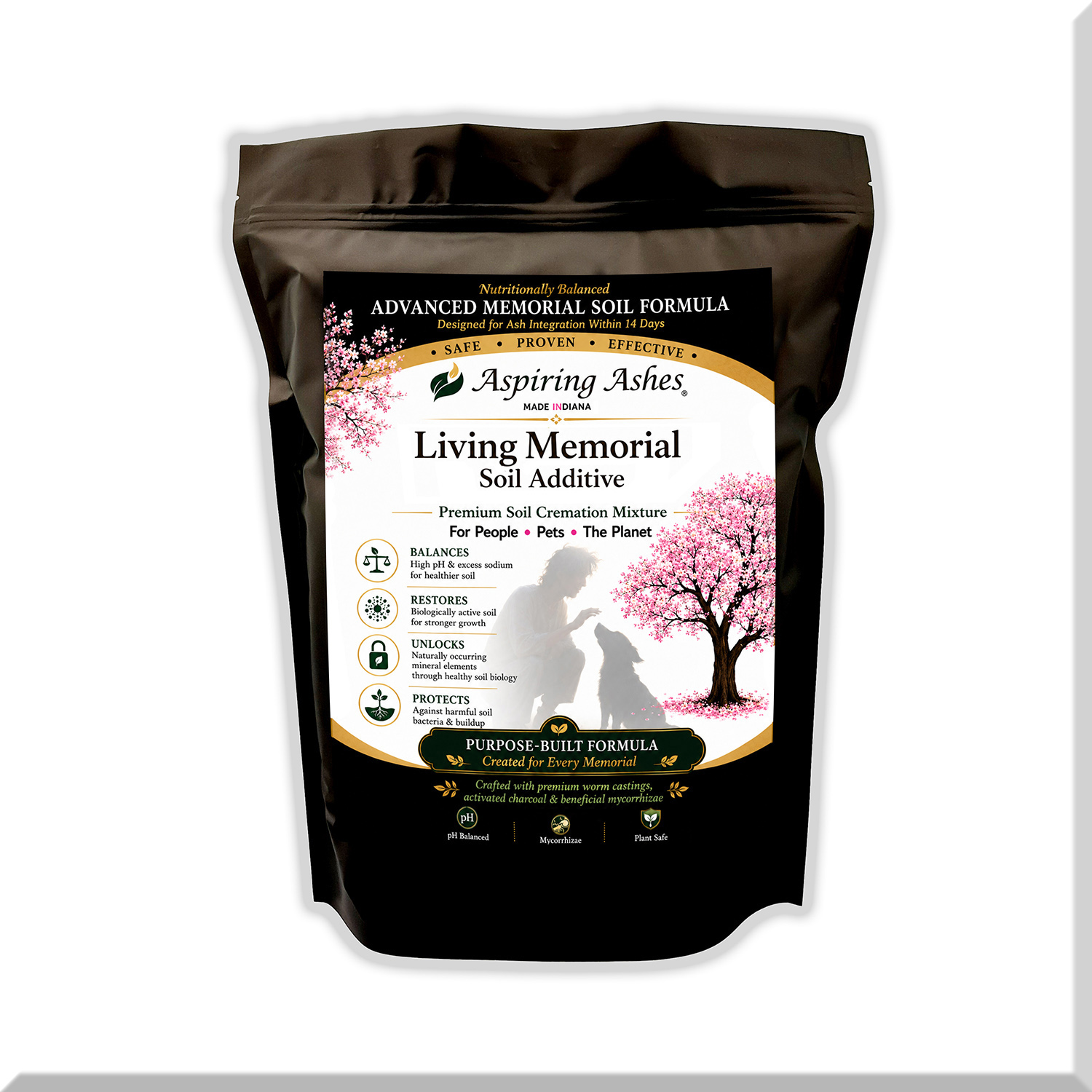 Aspiring Ashes Living Memorial Soil Additive package showing premium soil cremation mixture for planting human or pet cremation ashes into memorial trees, shrubs, flowers, and gardens.