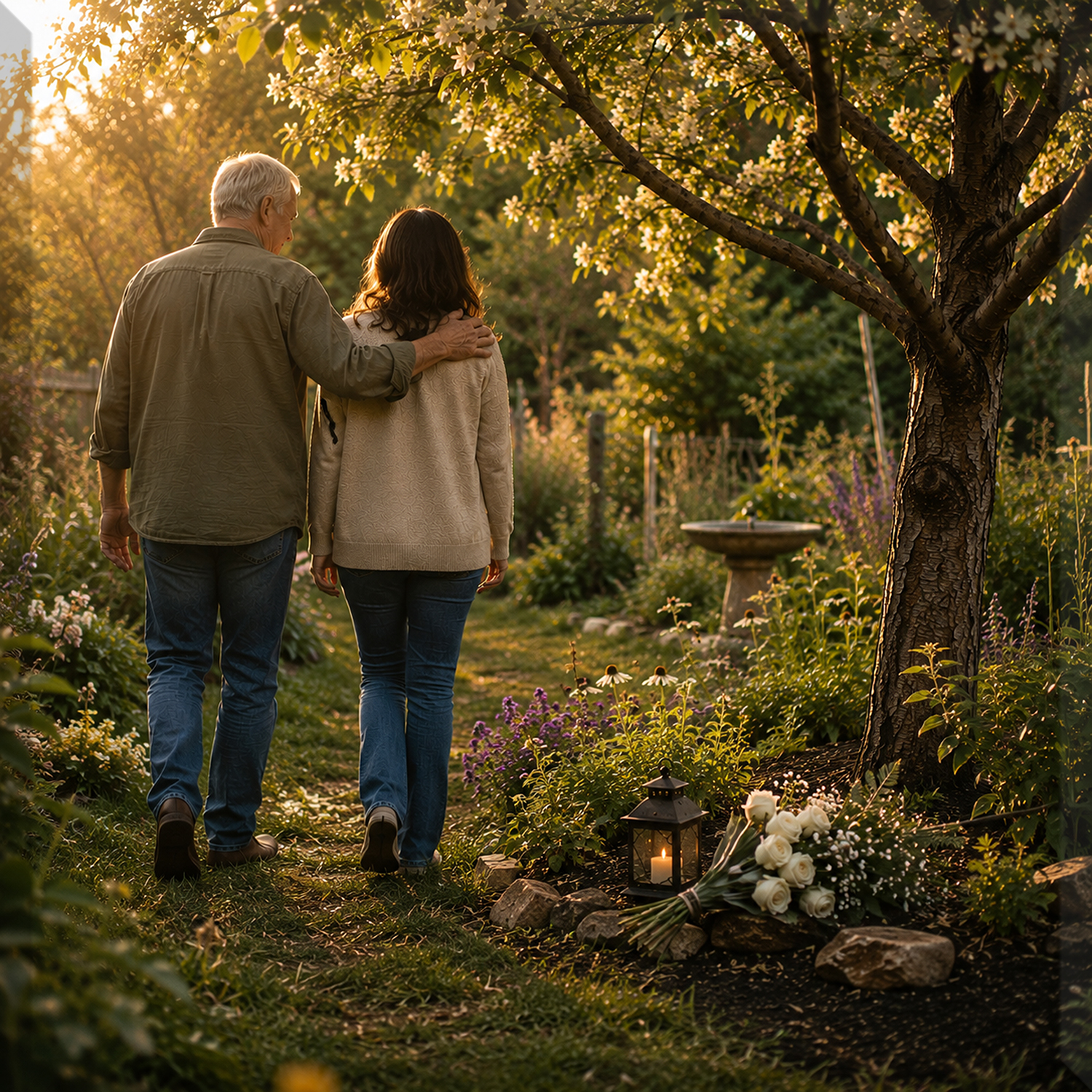 An older father and his adult daughter walk together through a peaceful backyard memorial garden beneath a flowering tree at sunset. White roses and a softly glowing lantern rest beside the tree, symbolizing remembrance, compassion, and the continuing journey of love.
