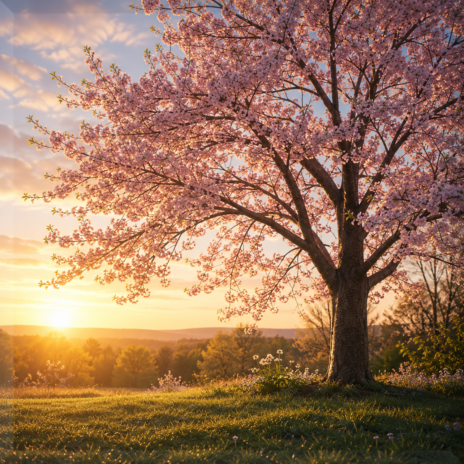 A mature flowering cherry tree bathed in golden sunrise light overlooking a peaceful landscape, symbolizing hope, renewal, living memorials, and the enduring promise that love continues to grow.