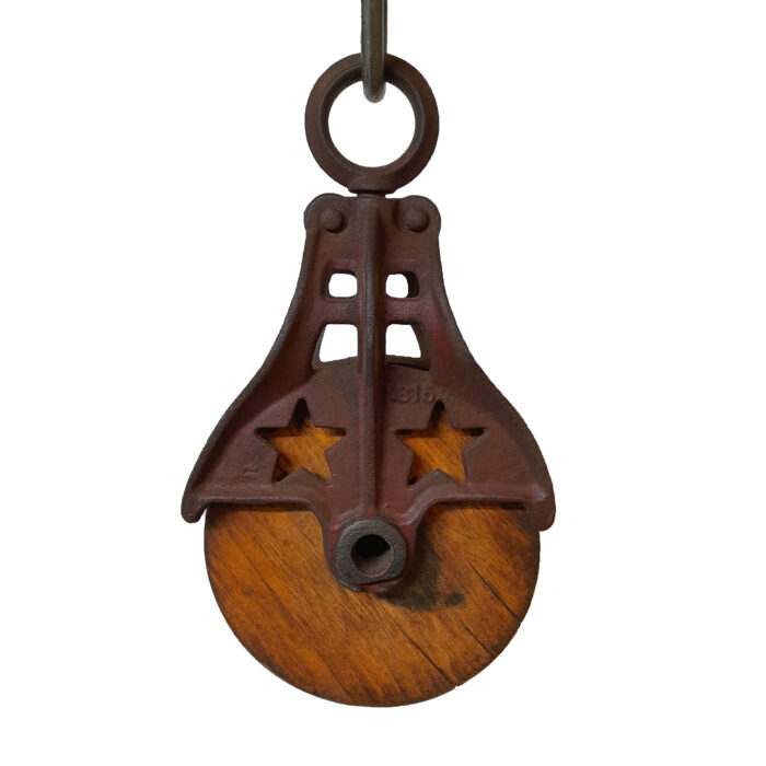 Antique Cast Iron Star Line Double-star Barn Pulley - Wood Wheel (075)