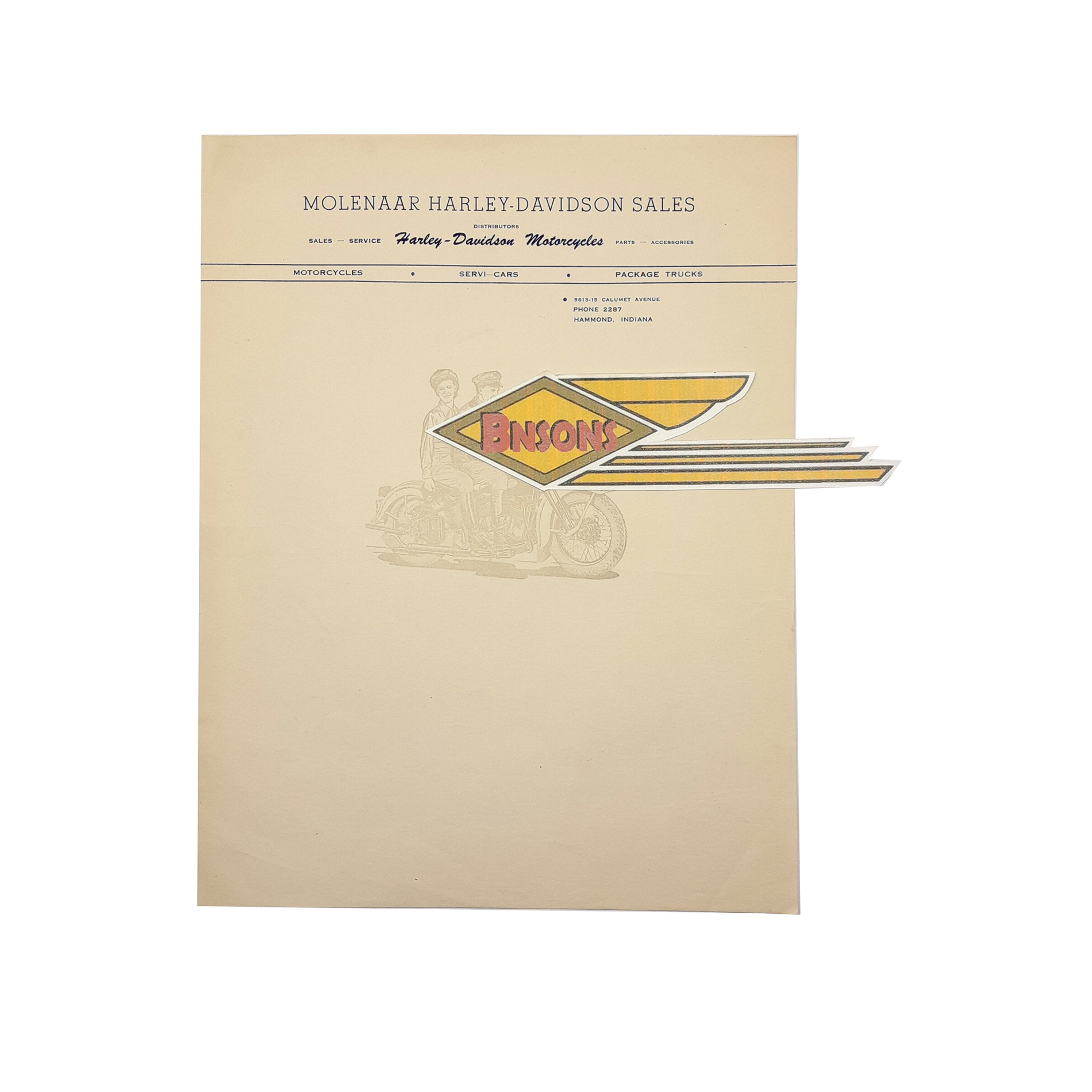 ORIGINAL HARLEY 1939 DEALER LETTERHEAD (MOLENAAR H-D) – KNUCKLEHEAD, ULH