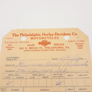 ORIGINAL HARLEY 1939 DEALER SALE RECEIPT (PHILADELPHIA H-D)- KNUCKLEHEAD