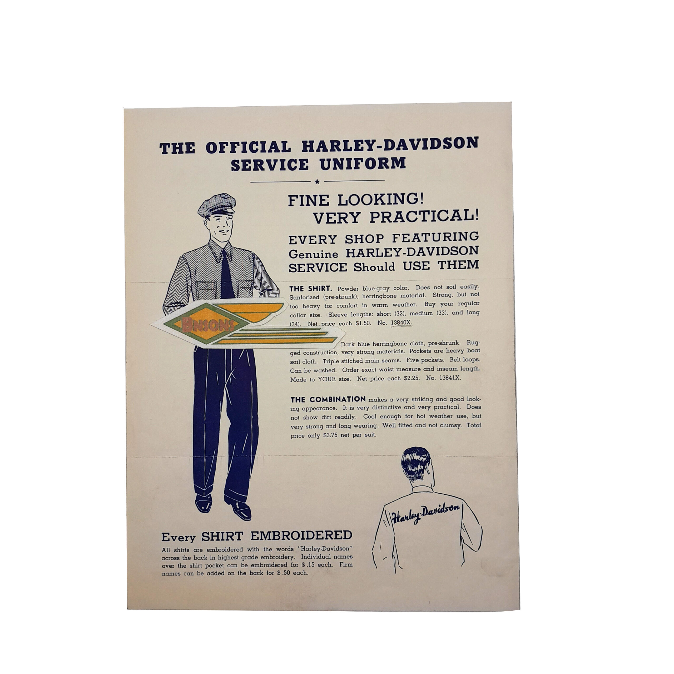 ORIG HARLEY FACTORY SHOP COATS/COVERALLS ADVERTISING FLYER -PANHEAD, KNUCKLEHEAD