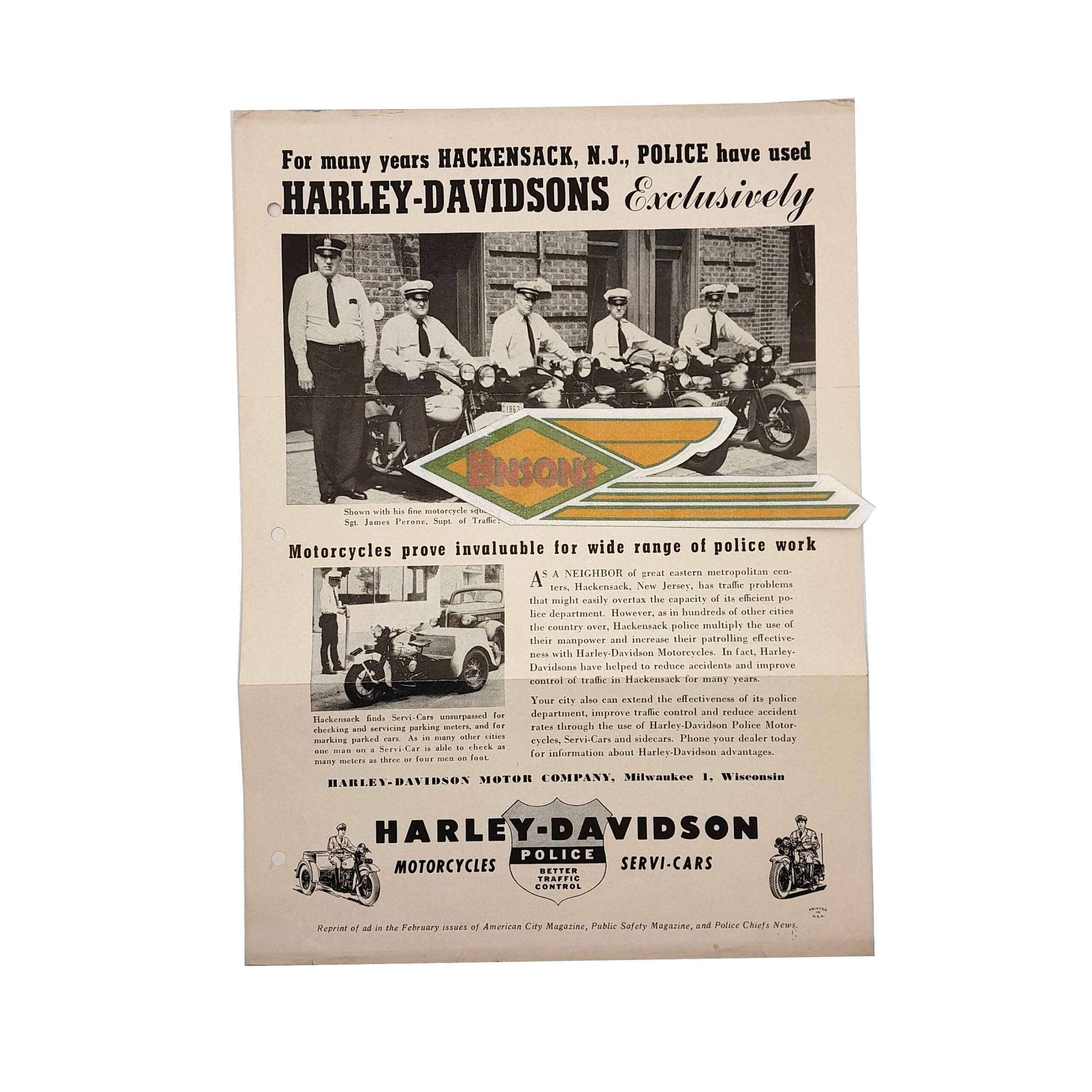 ORIG HARLEY 1941-46, HACKENSACK, NJ. (POLICE COUNTER FLYER)-KNUCKLEHEAD