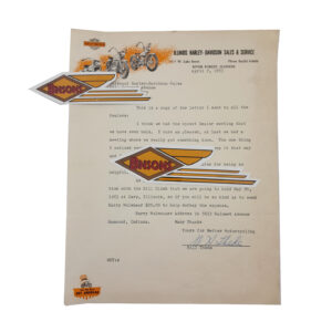 ORIG HARLEY 1953 “ILLINOIS HARLEY-DAVIDSON” LETTERHEAD – PANHEAD, KNUCKLEHEAD