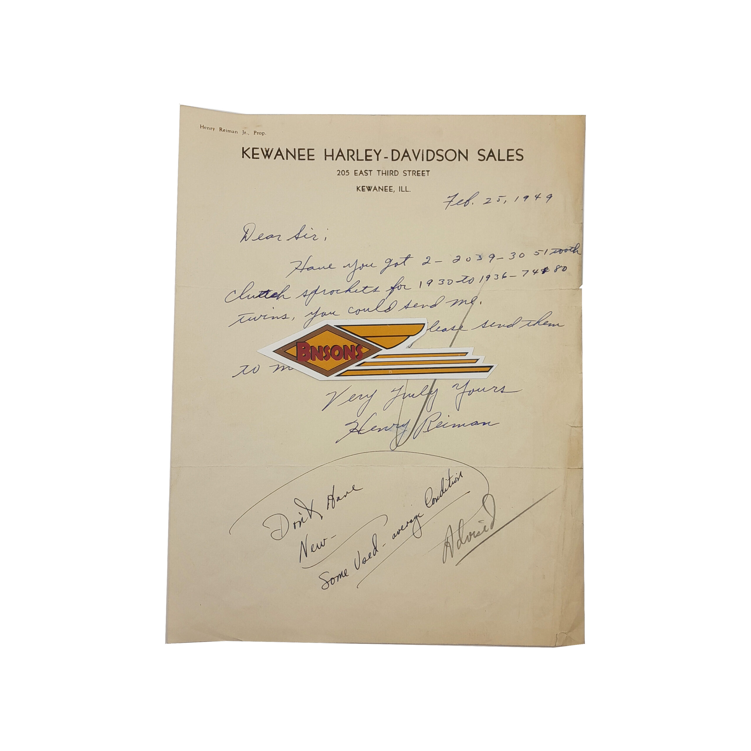 ORIG HARLEY 1949 “KEWANEE H-D” KEWANEE, ILL. LETTERHEAD – PANHEAD, KNUCKLEHEAD