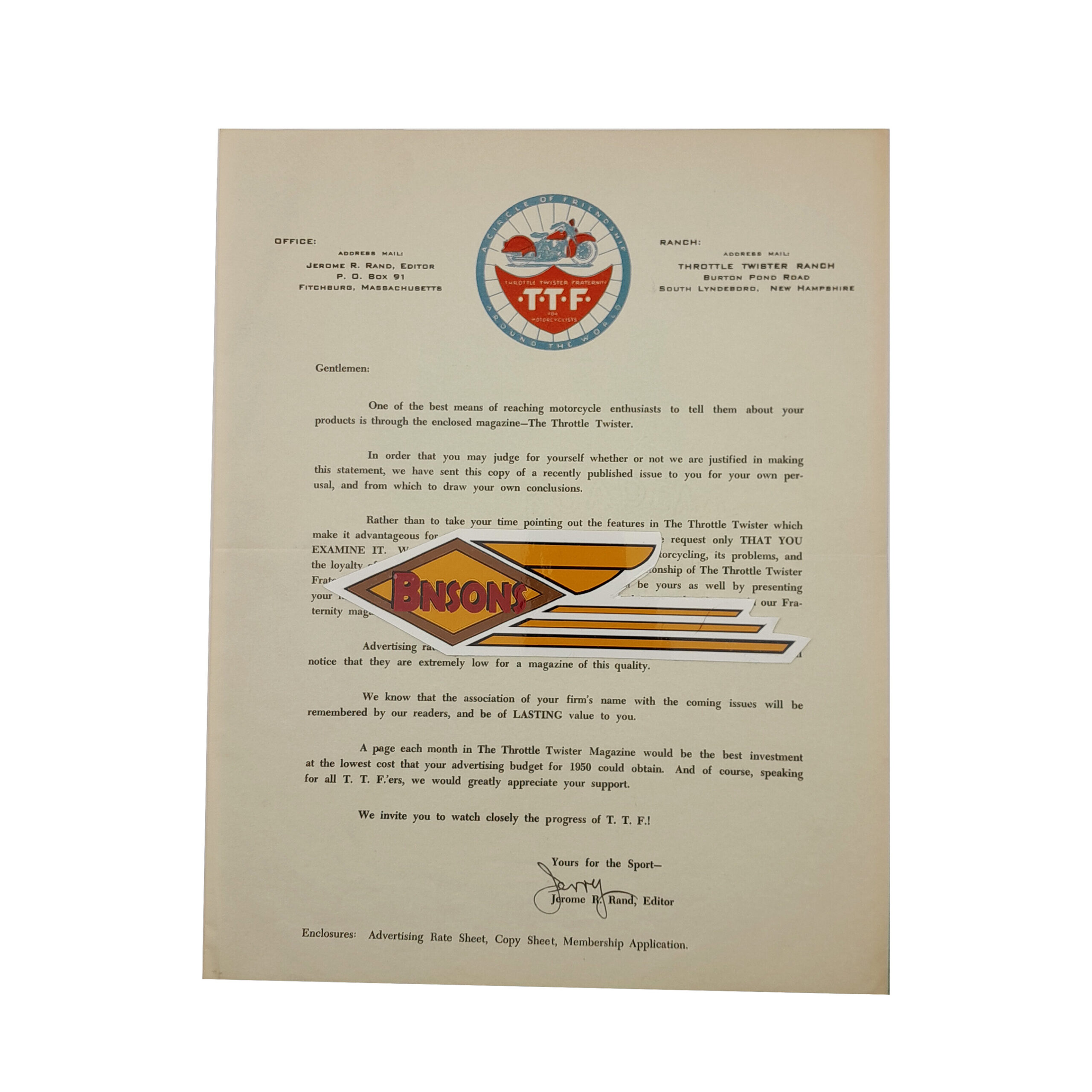 ORIGINAL HARLEY 1950 “THROTTLE TWISTERS FRATERNITY” LETTERHEAD – KNUCKLEHEAD