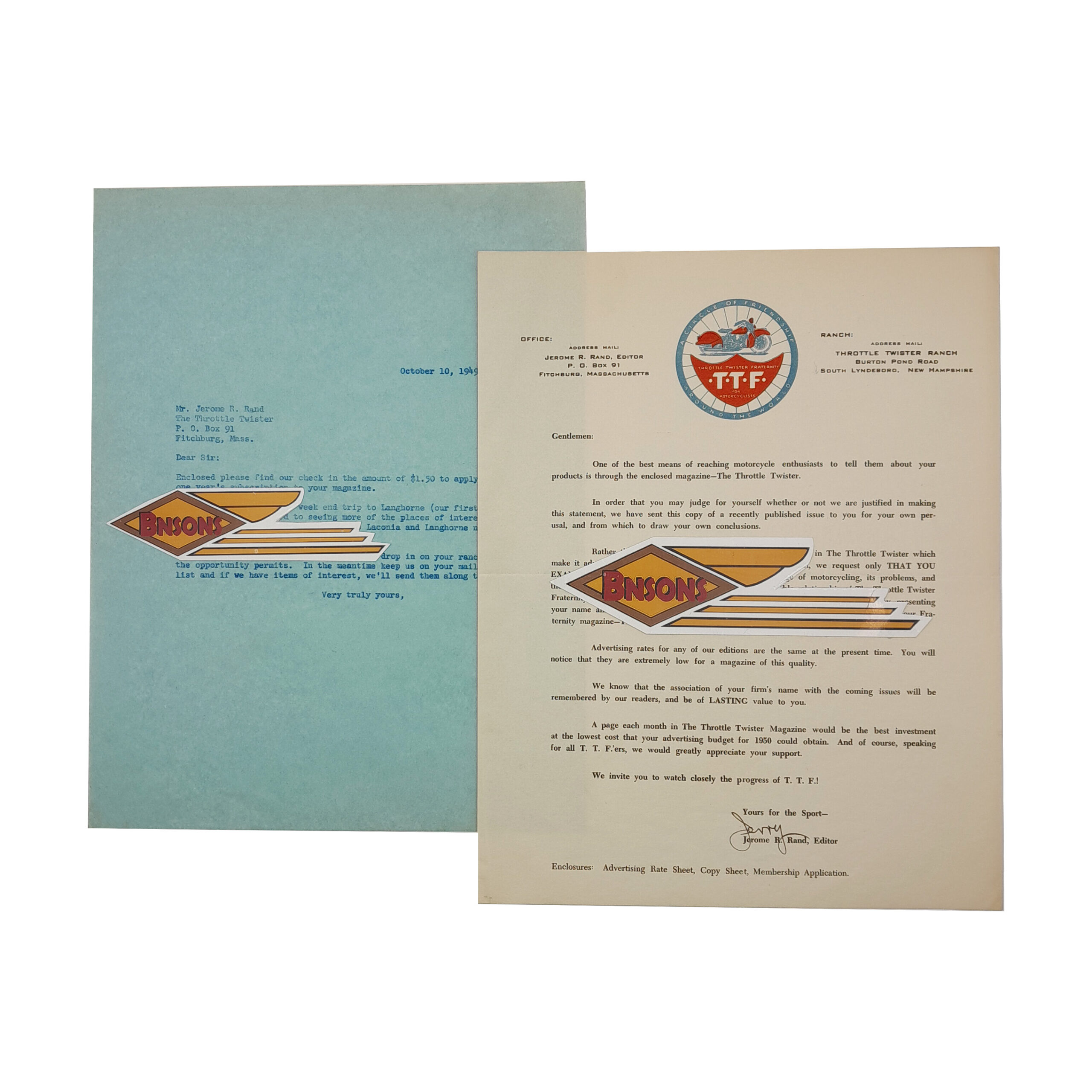 ORIGINAL HARLEY 1950 “THROTTLE TWISTERS FRATERNITY” LETTERHEAD – KNUCKLEHEAD