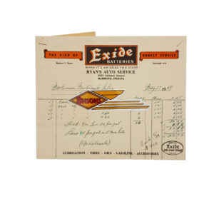 ORIGINAL 1949 EXIDE BATTERIES SALE RECEIPT, HAMMOND, IND. – HARLEY KNUCKLEHEAD