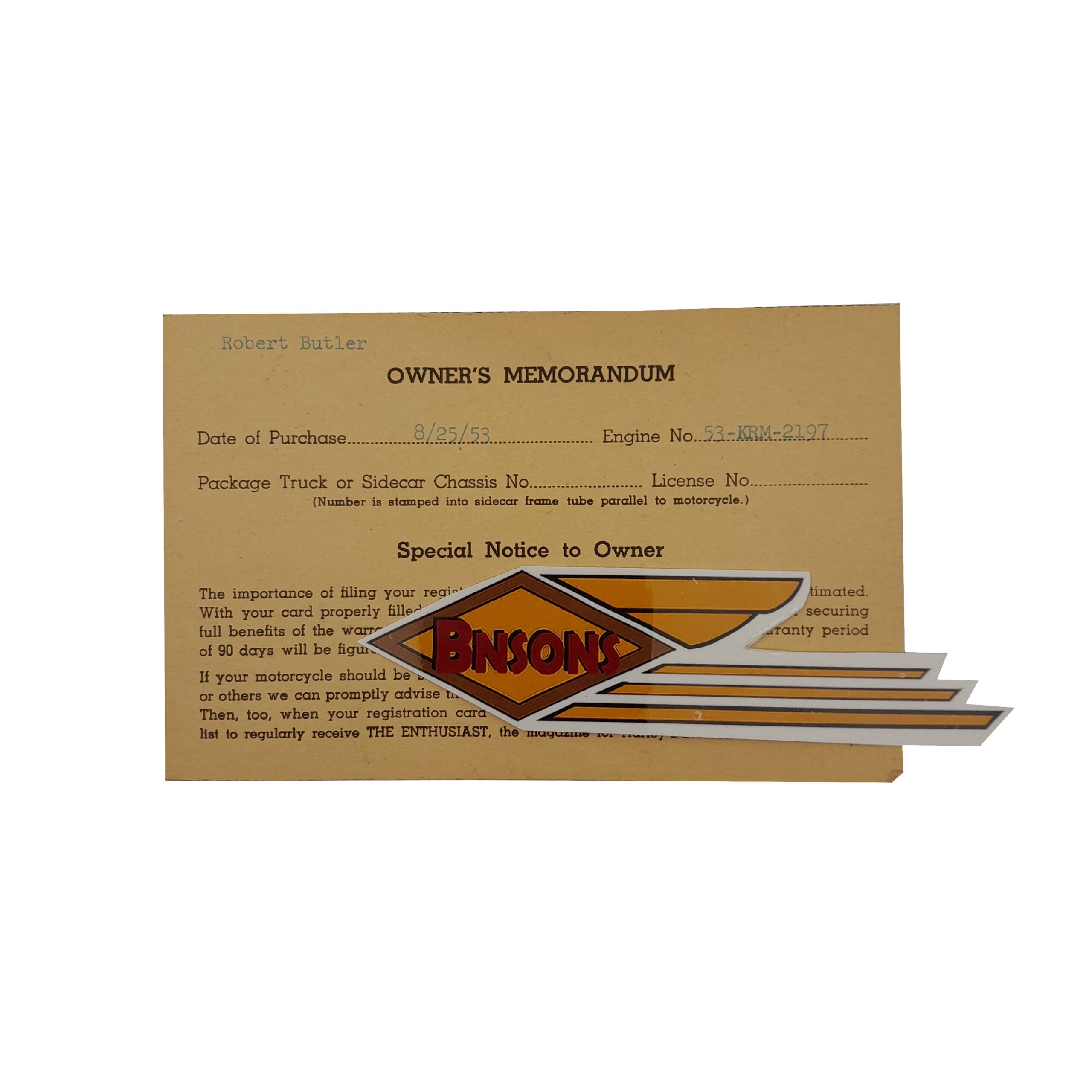 ORIGINAL HARLEY 1953 OWNER’S MEMORANDUM CARD (53 KRM 2197)- K-MODEL, KNUCKLEHEAD