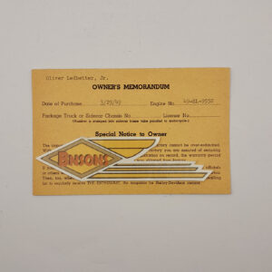 ORIGINAL HARLEY OWNER’S MEMORANDUM CARD (49 EL 9552) – PANHEAD, KNUCKLEHEAD