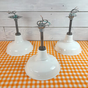 3 Vintage NOS 40s 50s Orig Porcelain 12″ Farm Barn Industrial Light Gas Station