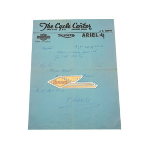 ORIG HARLEY 1950’s DEALER LETTERHEAD (CYCLE CENTER) LAFAYETTE, IND – KNUCKLEHEAD