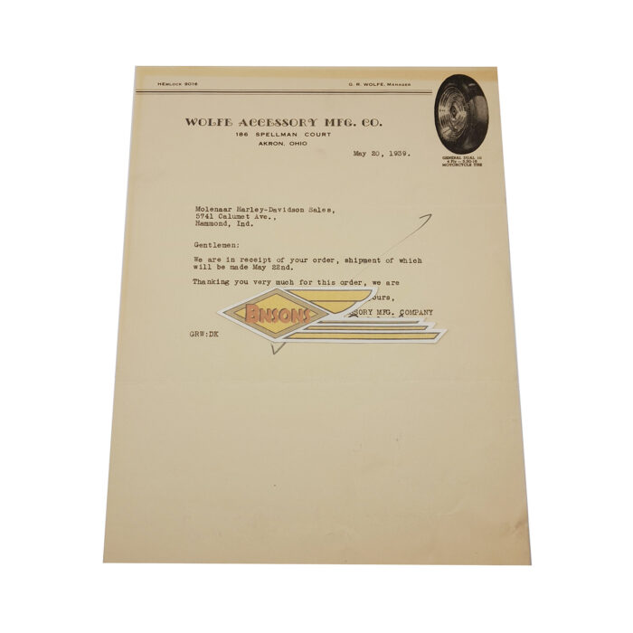 ORIGINAL HARLEY 1939 FACTORY LETTERHEAD (WOLFE ACCY.) - KNUCKLEHEAD