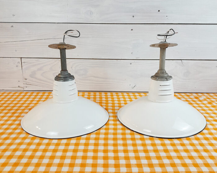 2 Vintage Original Porcelain 14" Farm Barn Industrial Light Gas Station #19 - Image 3