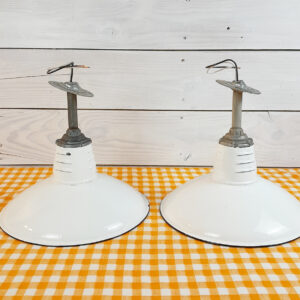 2 Vintage Original Porcelain 14″ Farm Barn Industrial Light Gas Station #19