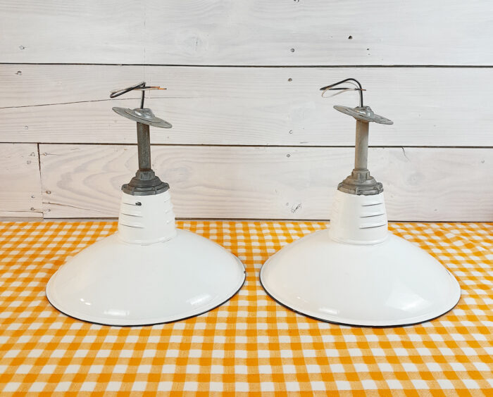 2 Vintage Original Porcelain 14" Farm Barn Industrial Light Gas Station #19 - Image 2