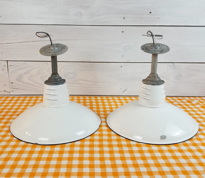 2 Vintage Original Porcelain 14" Farm Barn Industrial Light Gas Station #19