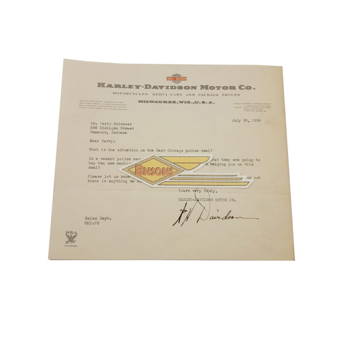 ORIGINAL HARLEY 1936 FACTORY LETTERHEAD SIGNED (WM. H. DAVIDSON) - KNUCKLEHEAD