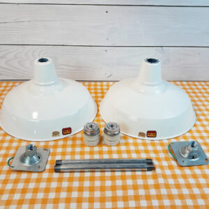 2 NOS 1940s-50’s Benjamin 16″ Porcelain Lights Farm Barn Industrial Gas Station