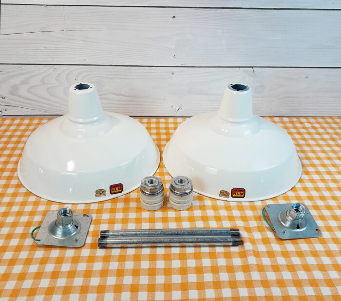 2 NOS 1940s-50's Benjamin 16" Porcelain Lights Farm Barn Industrial Gas Station - Image 2