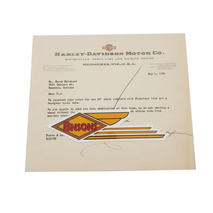 ORIG HARLEY 1941 FACTORY LETTERHEAD (FIRESTONE TIRE/GOODYEAR TUBE) - KNUCKLEHEAD