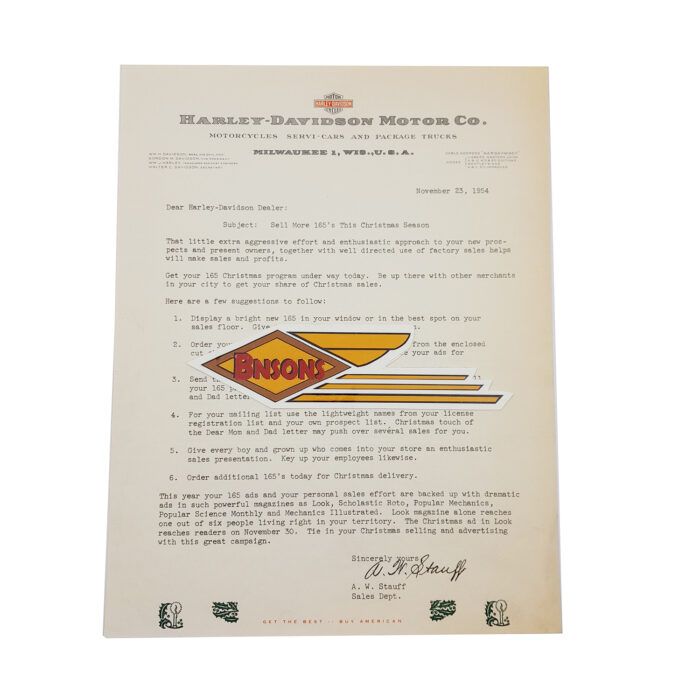 ORIG HARLEY 1954 FACTORY LETTERHEAD (SELL MORE 165's THIS XMAS) - KNUCKLEHEAD