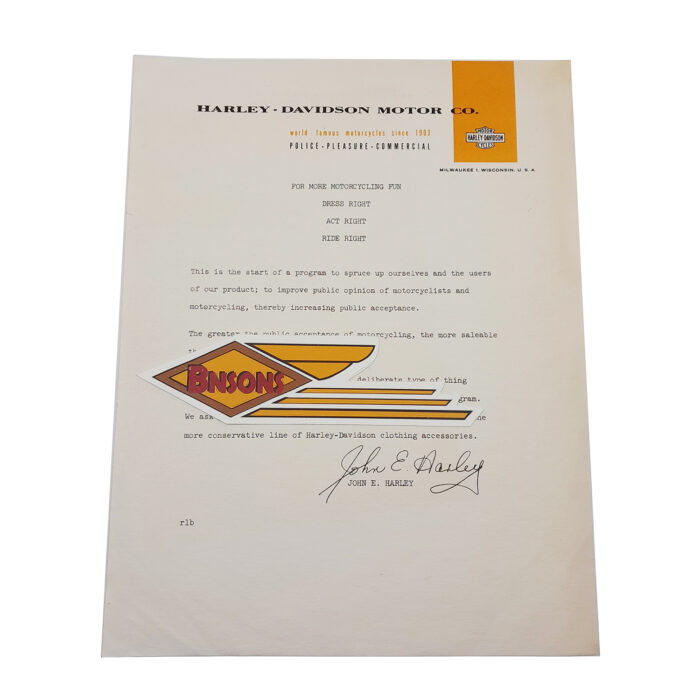 ORIG HARLEY 1960's FACTORY LETTERHEAD (JOHN E. HARLEY) - PANHEAD, KNUCKLEHEAD