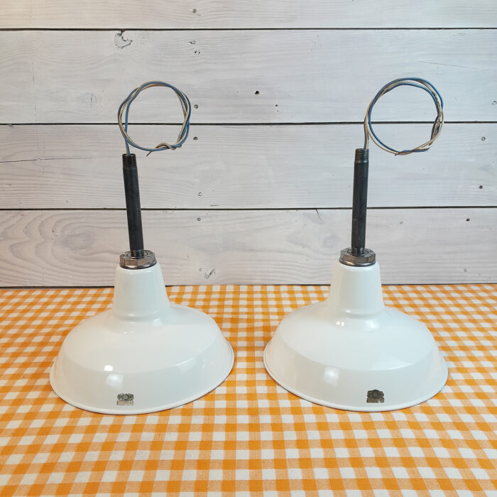 2 Original 1940s Benjamin 12" Porcelain Light Farm Barn Industrial Gas Station