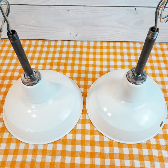 2 Original 1940s Benjamin 12" Porcelain Light Farm Barn Industrial Gas Station - Image 2