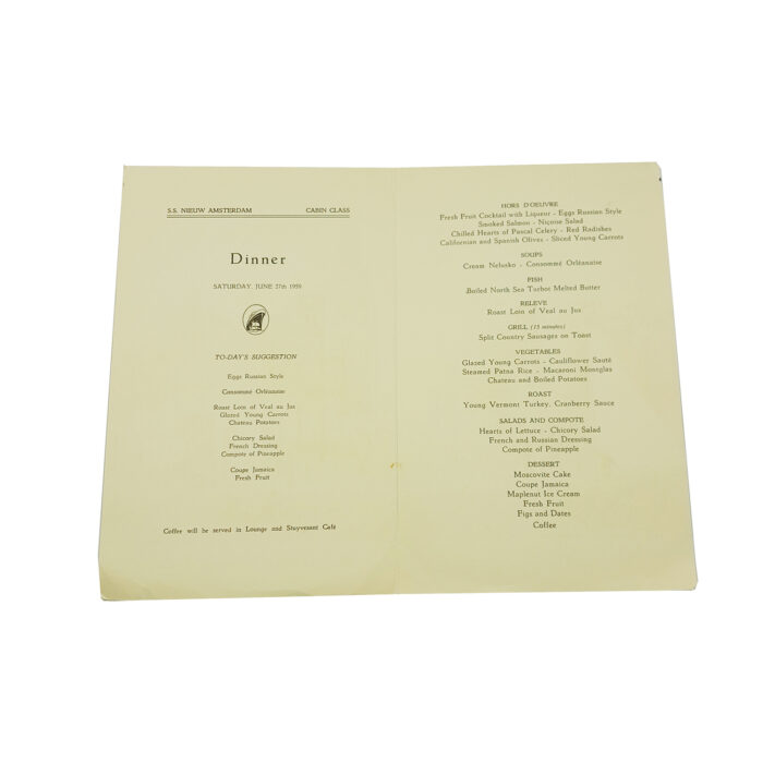 Vintage 1959 Holland American Line, S.S. Nieuw Amsterdam Dinner Menu - Image 2