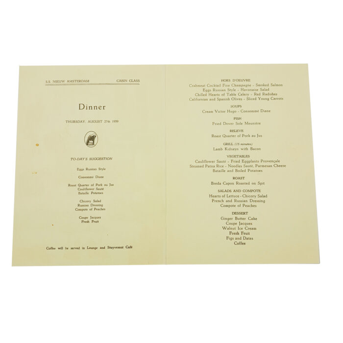 Vintage 1959 Holland American Line, S.S. Nieuw Amsterdam Dinner Menu "Brussels" - Image 2