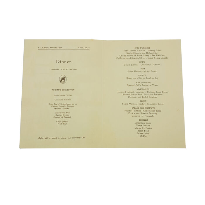 Vintage 1959 Holland American Line, S.S. Nieuw Amsterdam Dinner Menu "London" - Image 2