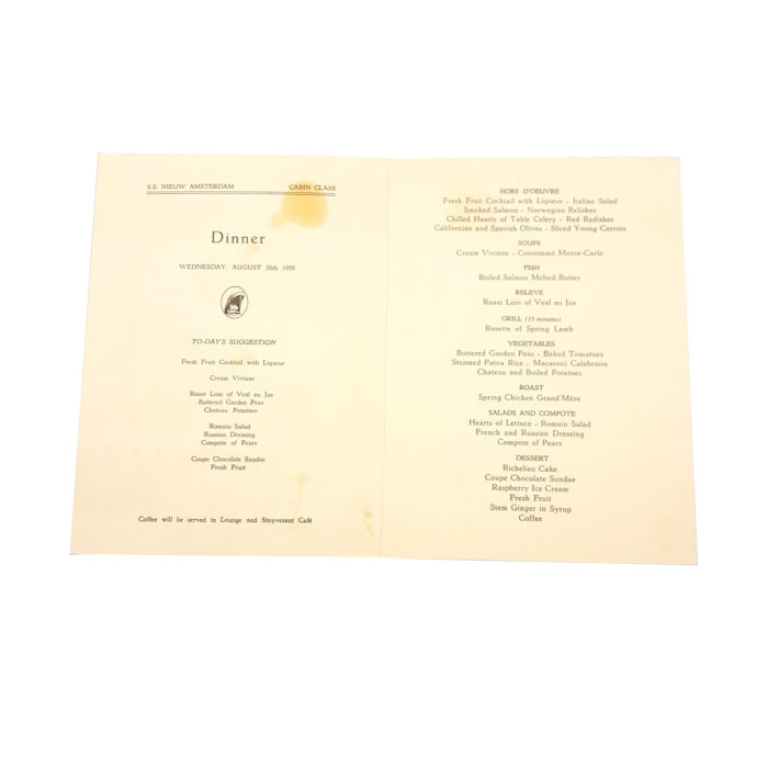 Vintage 1959 Holland American Line, S.S. Nieuw Amsterdam Dinner Menu "Amsterdam" - Image 2