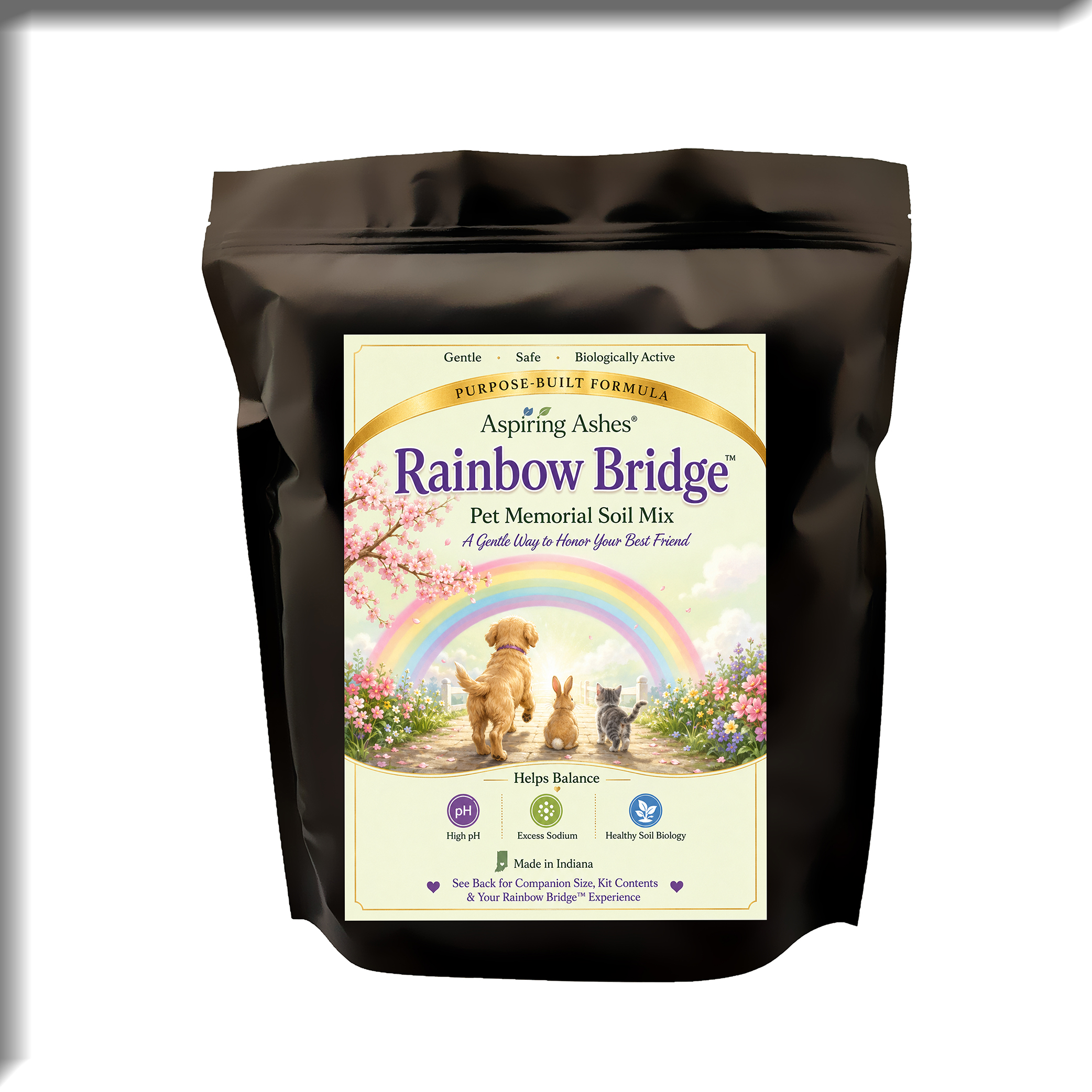 Black pouch of Aspiring Ashes Rainbow Bridge Pet Memorial Soil Mix with illustrated memorial label on front.