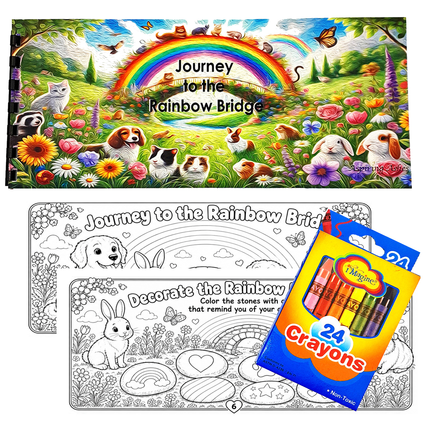 Rainbow Bridge children's memorial activity set with Journey to the Rainbow Bridge storybook, pet coloring pages and Crayola crayons.