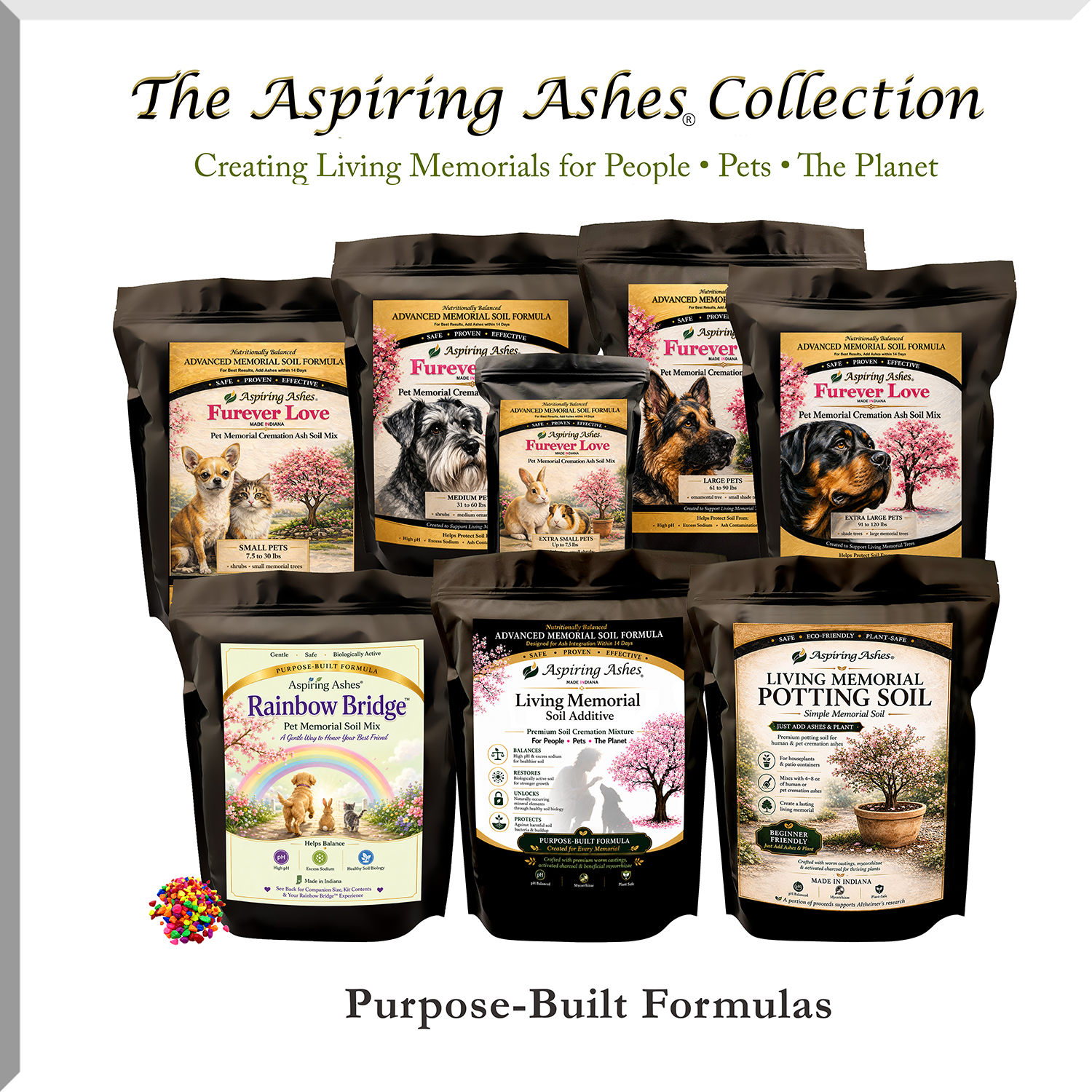 The Aspiring Ashes Collection featuring Living Memorial Soil Additive, Living Memorial Potting Soil, Rainbow Bridge™ Pet Memorial Soil Mix, and pet memorial cremation soil blends for all companion sizes. Purpose-built formulas help safely integrate cremation ashes into soil for memorial trees, gardens, flower pots, and living tributes for people and pets.