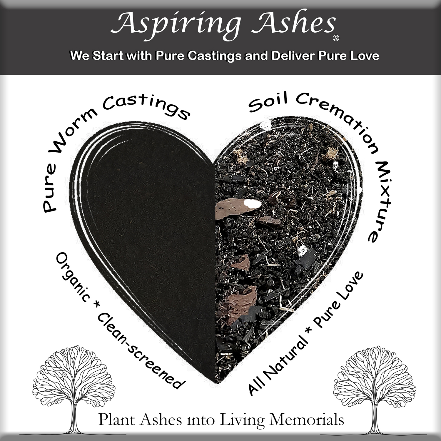 Heart-shaped Aspiring Ashes illustration comparing pure worm castings and soil cremation mixture. Visual representation of transforming cremation ashes into a living memorial planting blend and cremation soil additive for memorial trees, flowers, gardens, and containers. Suitable for planting human ashes and pet ashes.