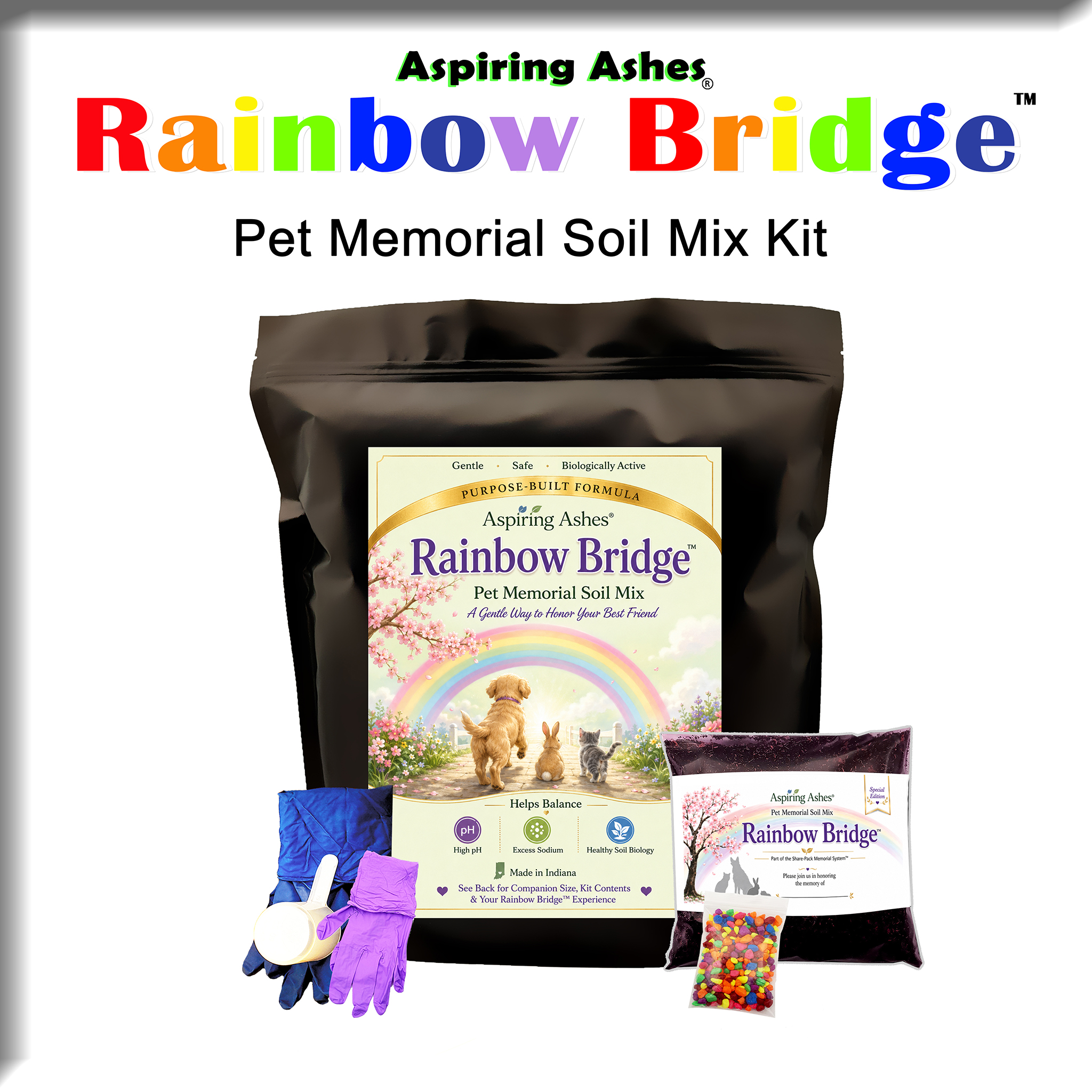 Aspiring Ashes Rainbow Bridge Pet Memorial Soil Mix Kit with soil mix pouch, Share-Pack, gloves, scoop and colorful memorial stones.