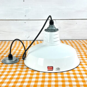 Vintage 1960s White Porcelain 14″ Hanging Light: Miller Industrial Salvage