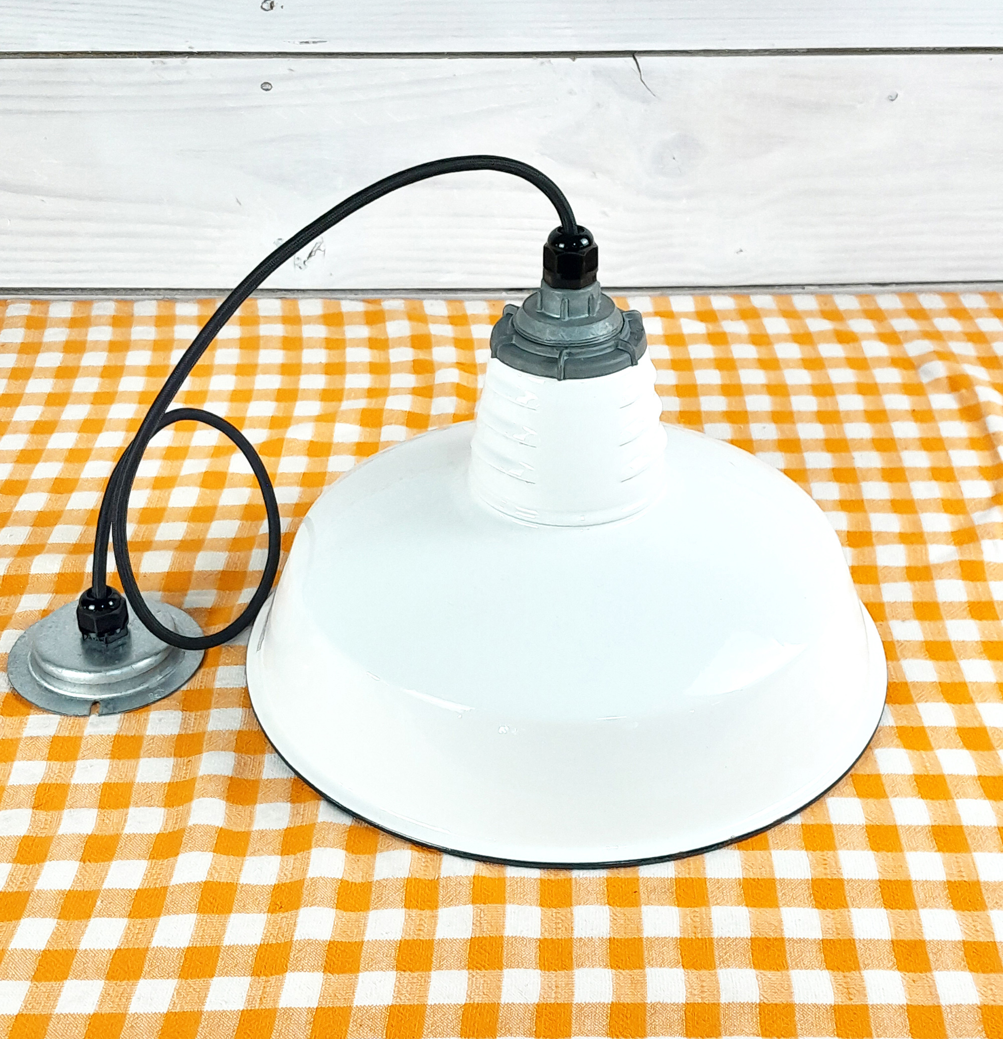 Vintage 1960s White Porcelain 14" Hanging Light: Miller Industrial Salvage - Image 3