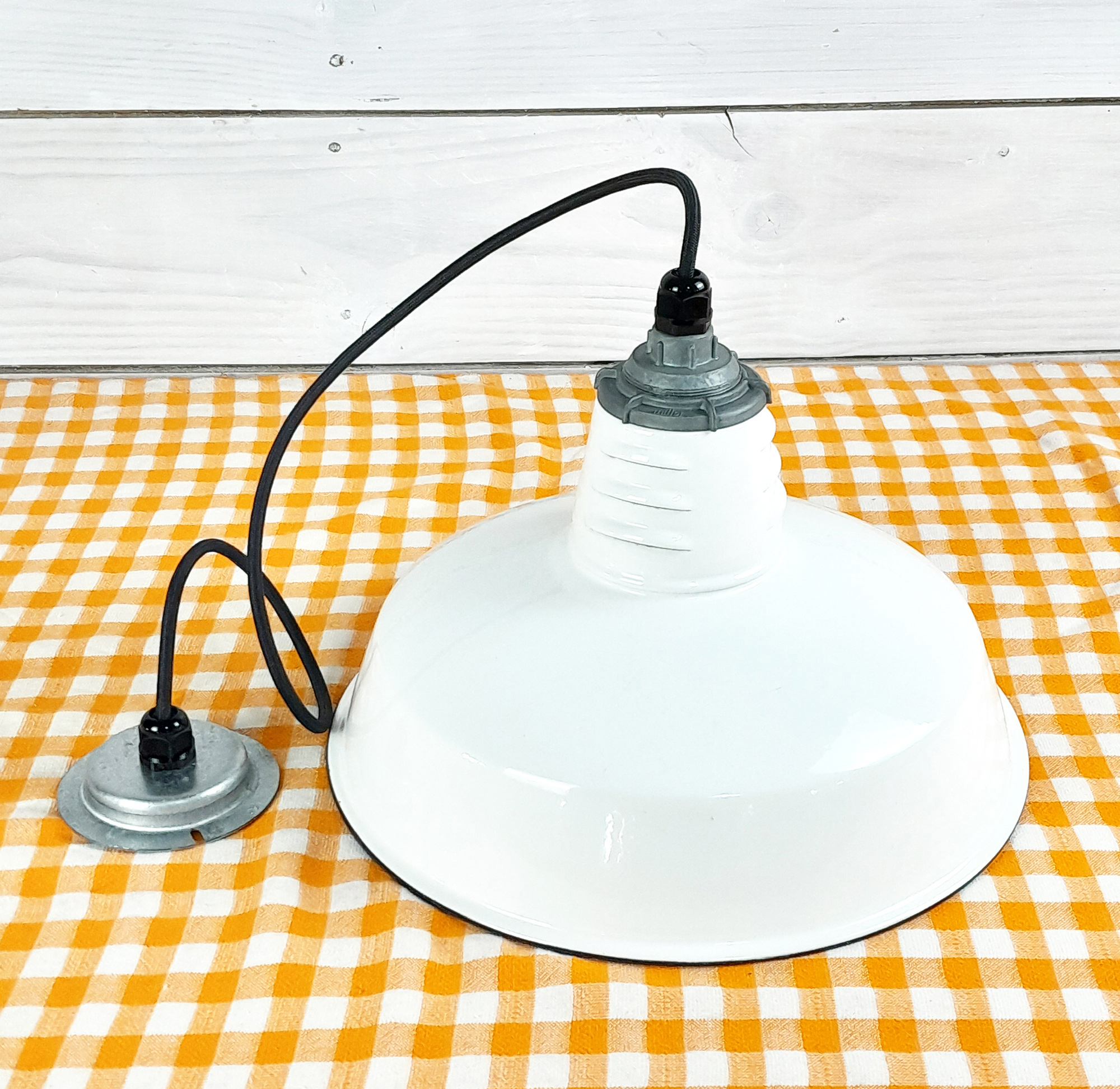 Vintage 1960s White Porcelain 14" Hanging Light: Miller Industrial Salvage - Image 2