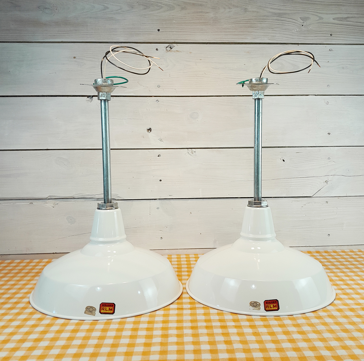 (2) Vintage White Porcelain Pendant Lights: 1940 Benjamin 16" Diameter Industrial, Farm, Gas Station
