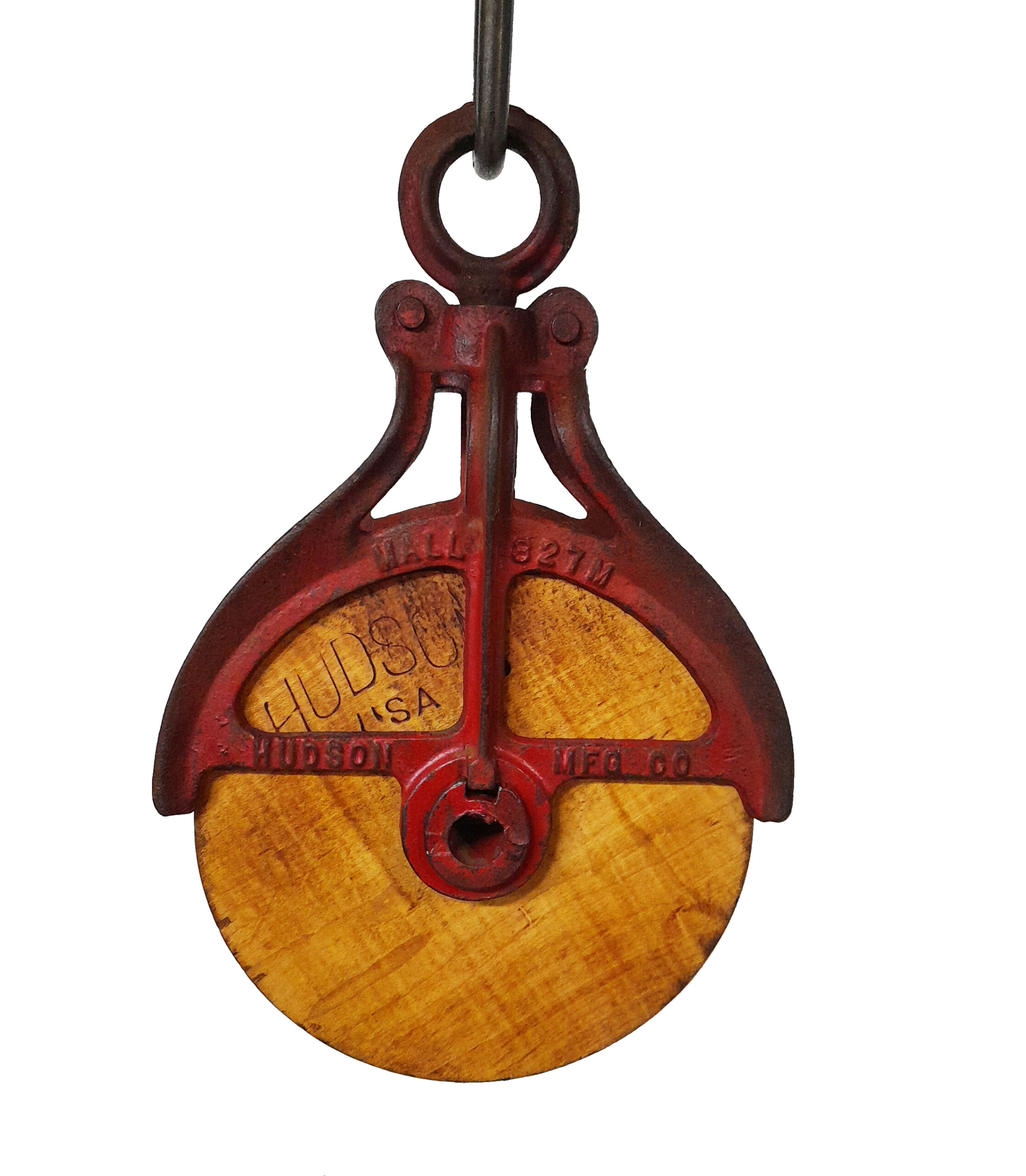 Large Antique Cast Iron HUDSON Barn Pulley - Wood Wheel (095)